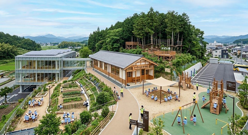 園舎と森、畑、園庭が見える園の全景(イメージ写真)