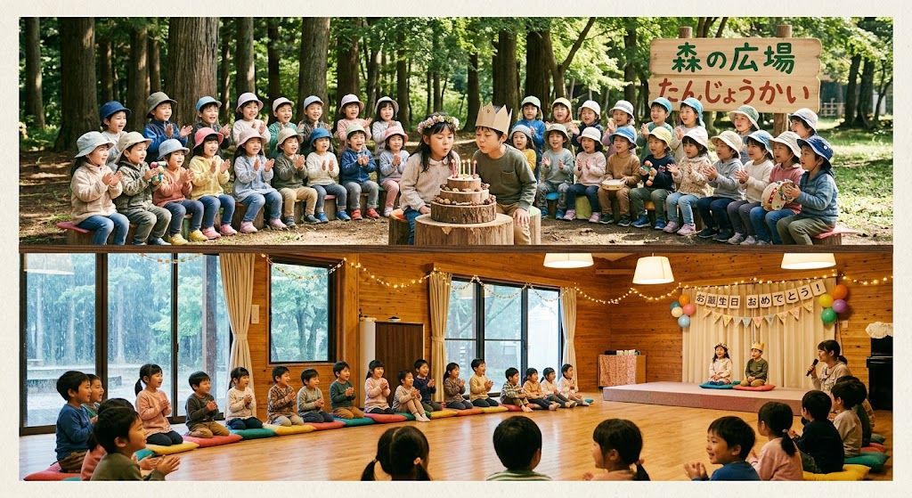 森の広場とホールでのお誕生会(イメージ写真)