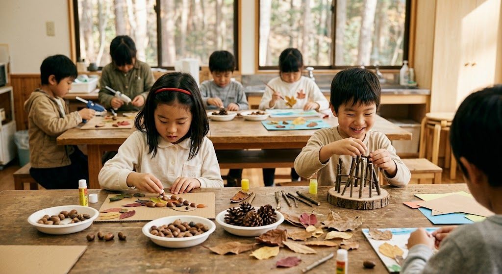木の実や葉っぱで工作をする子どもたち(イメージ写真)