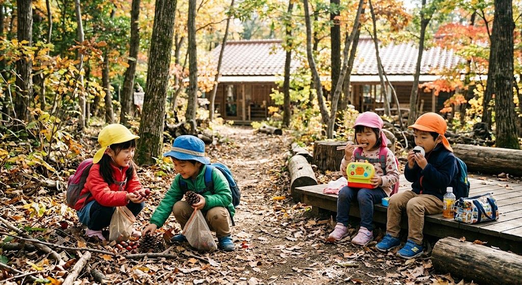 森で木の実を拾い、お弁当を食べる子どもたち(イメージ写真)