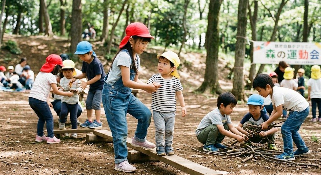 森の運動会で、年上の子が年下の子の手を引く様子(イメージ写真)