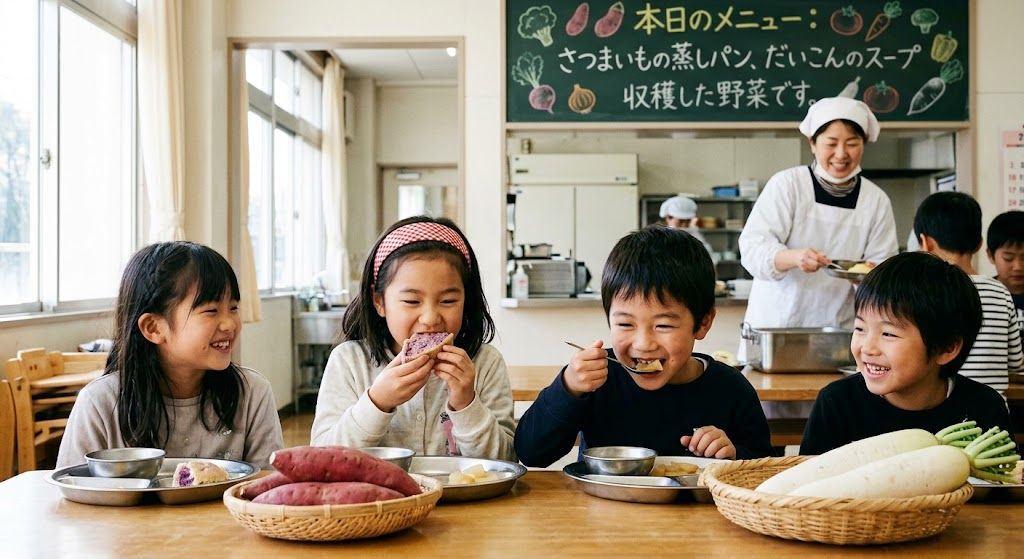 さつまいもの蒸しパンとだいこんのスープを食べる子どもたち(イメージ写真)