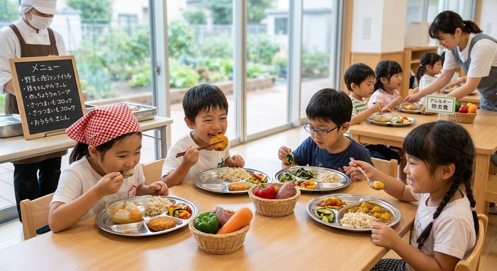 畑の野菜を使った給食を食べる子どもたち(イメージ写真)