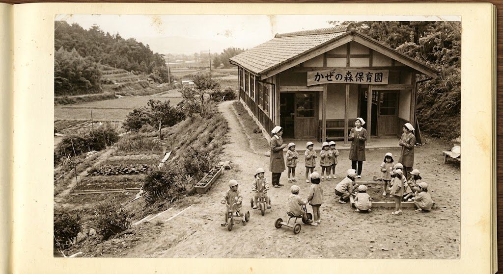開園当時の園舎と子どもたち(イメージ写真)